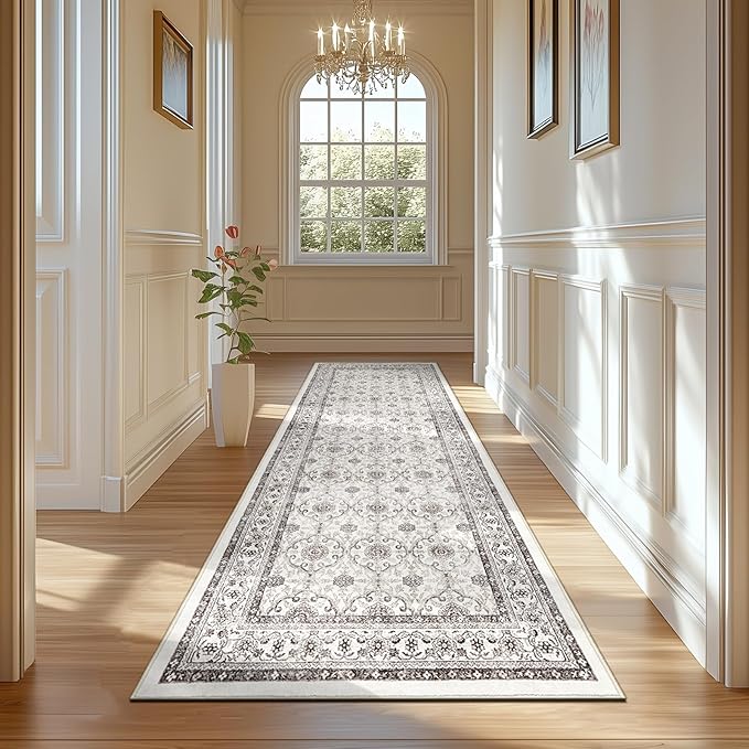 jinchan Hallway Runner Rug 2x8 - Machine Washable Beige Vintage Floral Distressed Design Soft Non-Slip Low-Pile Ultra-Thin Runner Rug for Kitchen Laundry Room Bedroom Farmhouse (2‘x8', Beige)