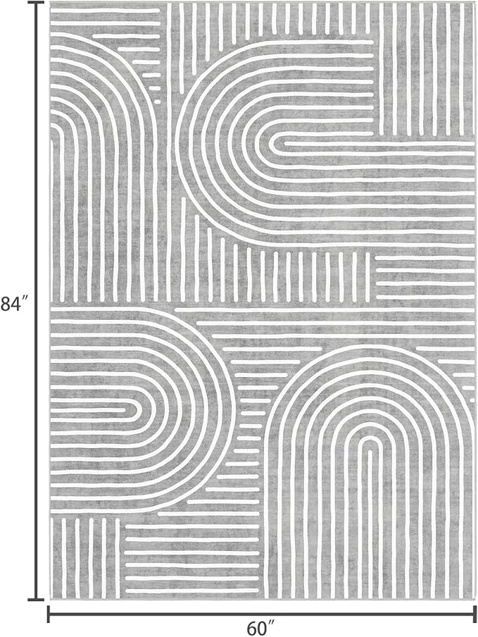 Washable Area Rug 5x7 - Boho Living Room Rug Soft Bedroom Rug Ultra-Thin Grey Modern Abstract Rainbow Dining Room Rugs Indoor Carpet for Living Room Nursery Room