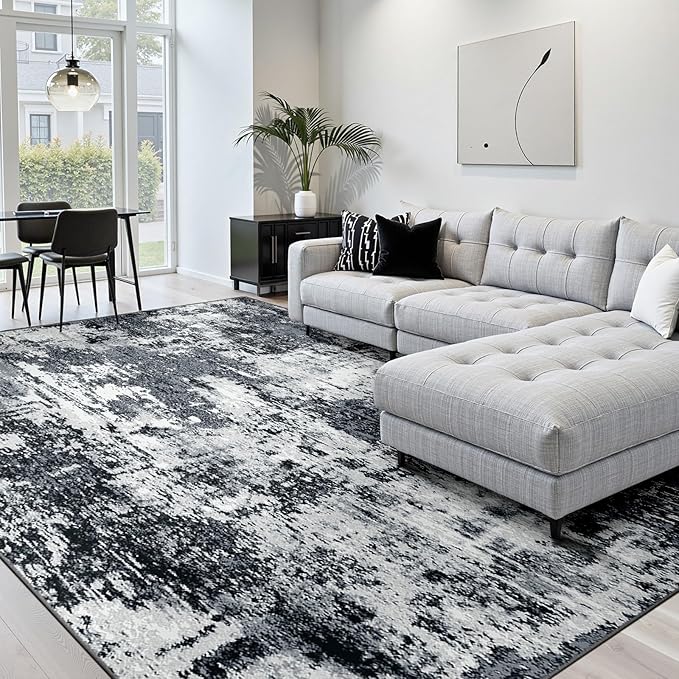Washable Area Rugs 9'x12' Non-Slip Modern Abstract Soft for Living Room Entryway Bedroom Nursery, Print Pattern, Black Gray