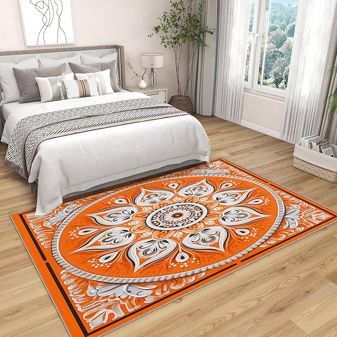 Mandala Rugs 5x7 -Orange Mandala Rug, 3x4 ft, Vintage Meditation Area Rugs for Bedroom, Hippie Spiritual Washable Carpet for Entryway, Kitchen, Boho Vintage Floral Home Decor & Gifts