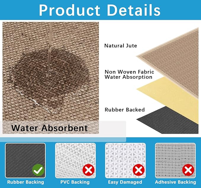 Rubber Runner Rug for Hallways Non Slip, Low Pile Long Laundry Room Mat Hall Jute Rug Runner Carpet Non Skid
