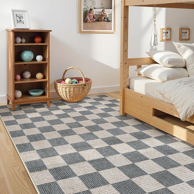 LIVEBOX Machine Washable Area Rug 6x9 Checkered, Non Slip Soft Large Bedroom Living Room Rug Farmhouse Neutral Classic Geometric Pattern Boys Rug, Indoor Carpet for Den Dorm Playroom(Grey,6'x9')