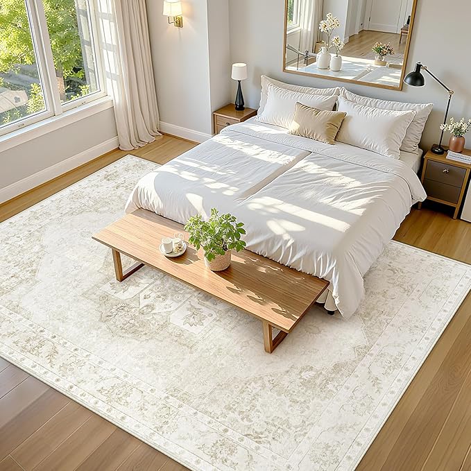 9x12 Area Rugs Washable Rugs for Living Room, Large Vintage Boho Rug Non-Slip Soft Floral Distressed Rug Low Pile Stain Resistant Carpet for Bedroom Nursery Office Dining Room Farmhouse(Beige, 9'x12')