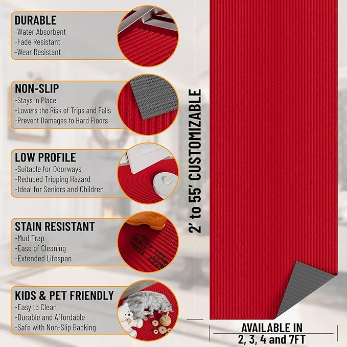 Ottomanson 3'11" x 54' Hallway Runner with Scraper Pile - Extra Durable Non-Slip Rug Mat for Indoor & Outdoor Use - Ideal for Kitchen, Entryway & Garage - High-Traffic Carpet, Red