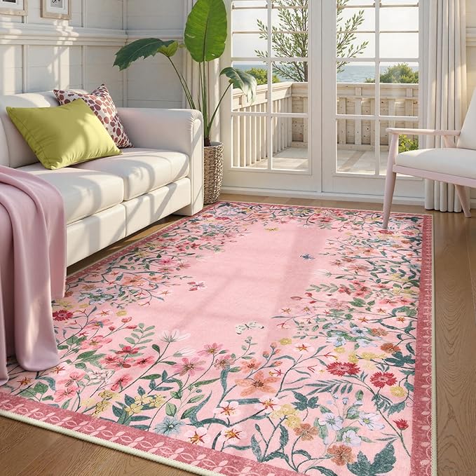 Lahome Boho Floral 5x7 Pink Rugs for Bedroom Girls, Non Slip Washable Nursery Rugs for Living Room, Pastel Indoor Throw Carpet for Dorm Classroom Playroom(Pink,5x7)