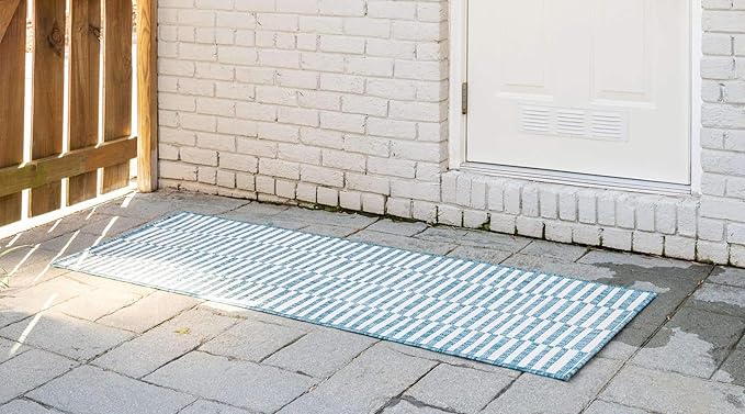 Unique Loom Outdoor Striped Collection Area Rug - Striped (2' x 6' 1" Runner, Light Aqua/Ivory)