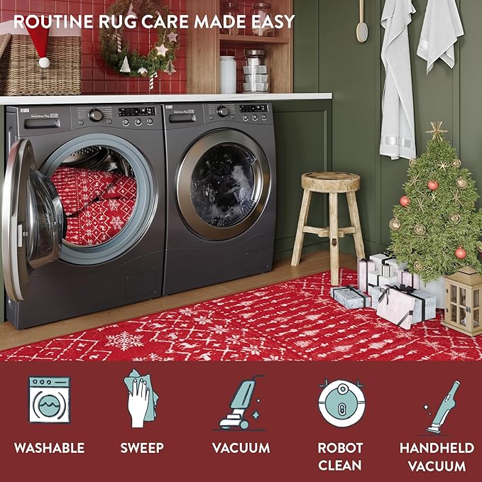 Lahome Christmas Runner Rug 2x8 for Hallway Red Non Slip Washable Runners for Kitchen Low Pile Carpet Moroccan Snowflake Throw Rug for Kitchen Entryway Laundry Narrow Space Xmas Holiday Decor