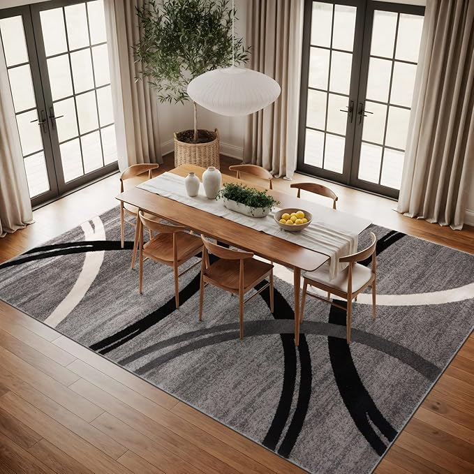 Rugshop Wavy Circles Design Area Rug, Fade-Resistant Carpet for Living Room, Dining Room, or Office,Grand Room,Open Spaces Gray, 8'8" x 12'