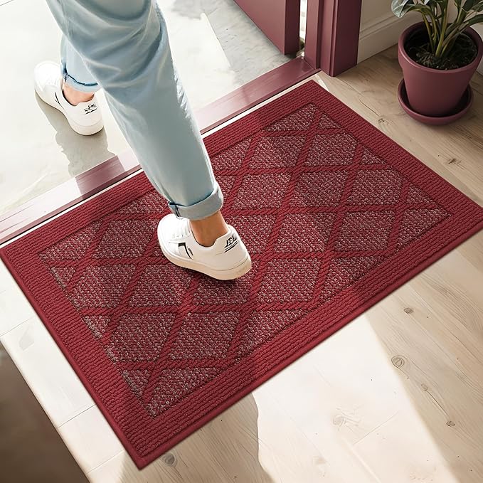 COSY HOMEER Non-Slip Door Mat 20"x32", Entryway Rugs Low Profile Absorbent Dirt Trapper Doormat for Front Entrance, Washable Polypropylene Entry Mat (Red)
