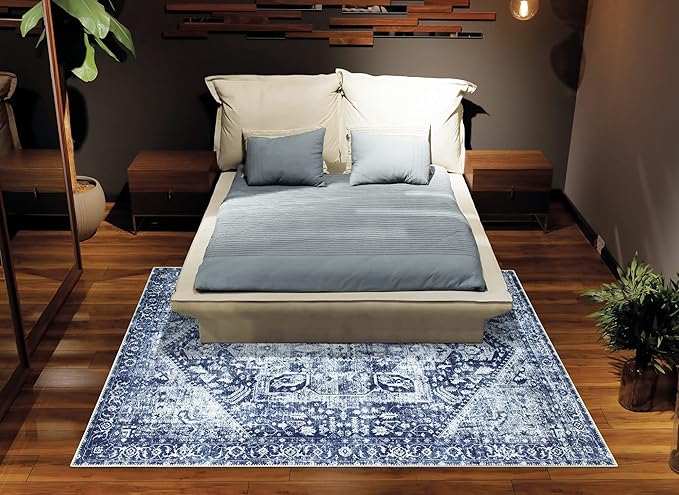 Bloom Rugs Washable Non-Slip 3' x 5' Rug - Blue/Ivory Traditional Area Rug for Living Room, Bedroom, Dining Room, and Kitchen - Exact Size: 3' x 5'