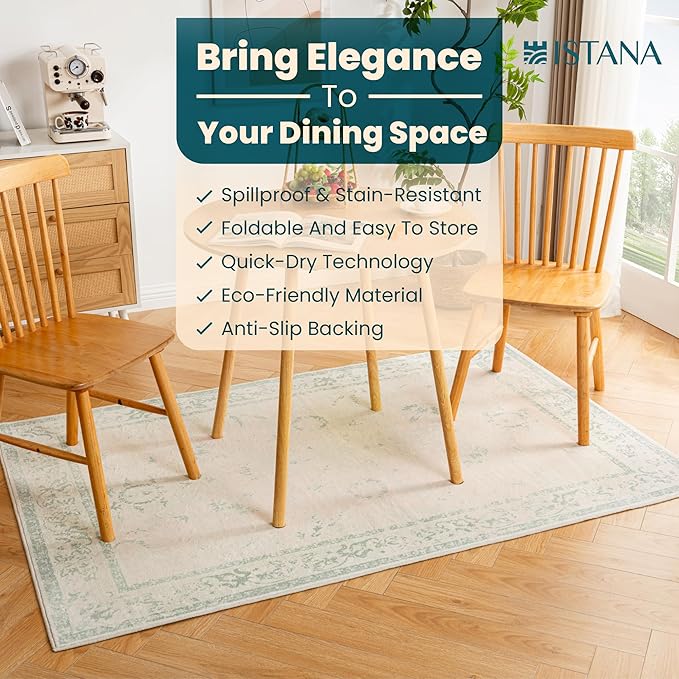 Istana 4x6 Area Rug - Green Rugs for Living Room 4x6 - Foldable Rugs for Bedroom - Stain Resistant Washable Rug - Eco-Friendly Boho Area Rugs - Easy to Clean Living Room Rug 4 x 6