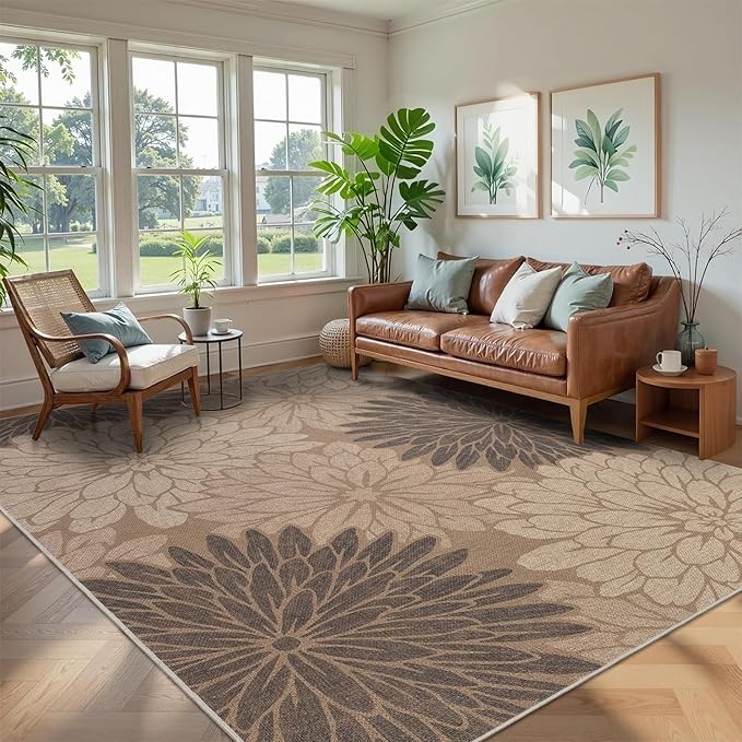Floral Easy Jute Rug 8x10 Outdoor Rug Washable Area Rugs for Living Room Bedroom Non Slip Neutral Farmhouse Indoor Outdoor Carpet for Backyard Patio Office