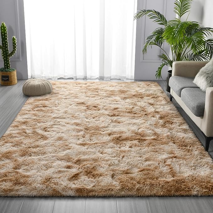 Large Shag Area Rugs 9 x 12, Tie-Dyed Plush Fuzzy Rugs for Living Room, Ultra Soft Fluffy Furry Rug for Bedroom, Indoor Carpet Nursery Rugs for Kids Room Home Decor, Beige