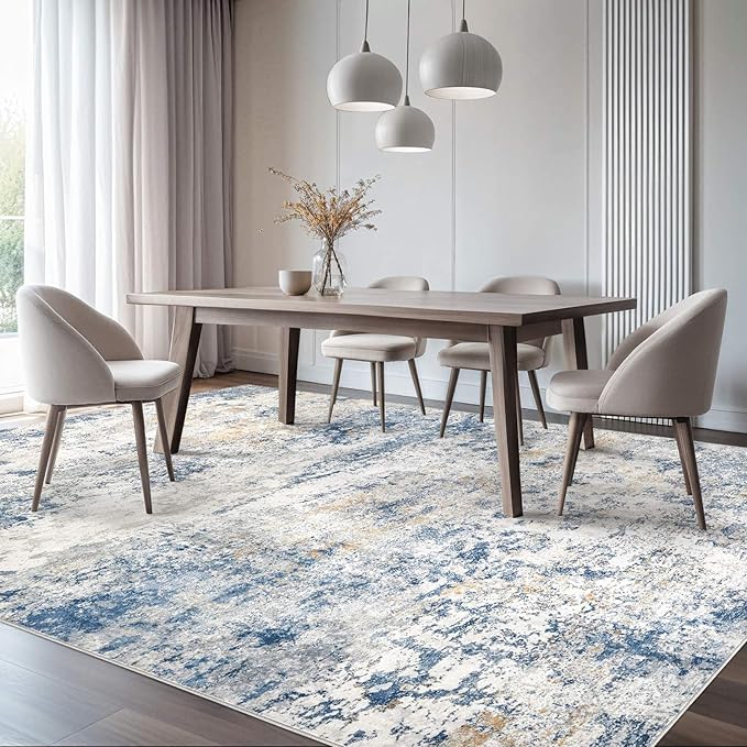 Area Rug Living Room Rugs - 8x10 Abstract Large Soft Indoor Washable Rug Neutral Modern Low Pile Carpet for Bedroom Dining Room Farmhouse Home Office - Blue
