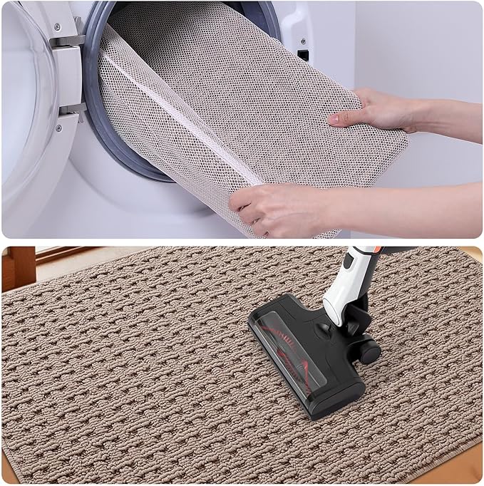 LUMI Washable Door Mat Indoor Entrance 17x30, Dirt Trapper Front Door Mats with Absorbent Interior and Non-Slip Rubber Backing, Entryway Doormat, Beige