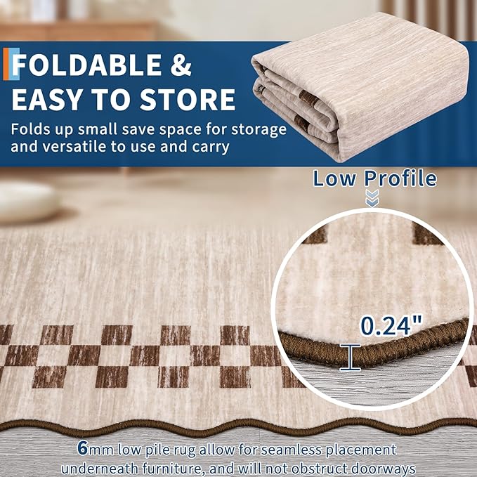 GarveeHome 10x13 Area Rug Large Living Room Scalloped Rug Non Slip Low Pile Bedroom Throw Carpet Soft Modern Bordered Dining Room Rug Stain Resistant Boho Carpet for Home Office, Beige