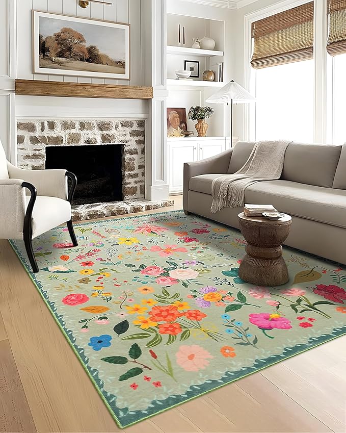 Boho Washable Area Rug 5x7 – Floral Low Pile Non-Slip Carpet for Living Room, Bedroom, Office, Playroom, Entryway, Kitchen, Dining Room (Green)