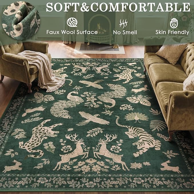 Moynesa Green 5x7 Living Room Rugs, Luxurious Vintage Boho Animal Washable Area Rug for Bedroom Dining Room Office Study, Low Pile Soft Non-Slip Easy Clean Retro Carpets for Indoor