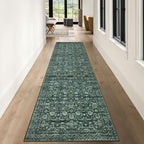 Vintage Runner Rug 3x10, Dark Green Washable Kitchen Runner Non-Slip Soft Hallway Rug Runner Floral Thin Print Faux Wool Carpet for Entryway Bedroom Laundry Room Indoor Home Office Decor