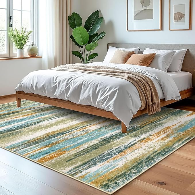 Modern Abstract 5x7 Machine Washable Area Rug Non-Slip Soft Bedroom Living Romm Rug Green Mustard Multi Ultra Thin Print Faux Wool Floor Carpet Throw Rug for Nursery Playroom Dining Room Office
