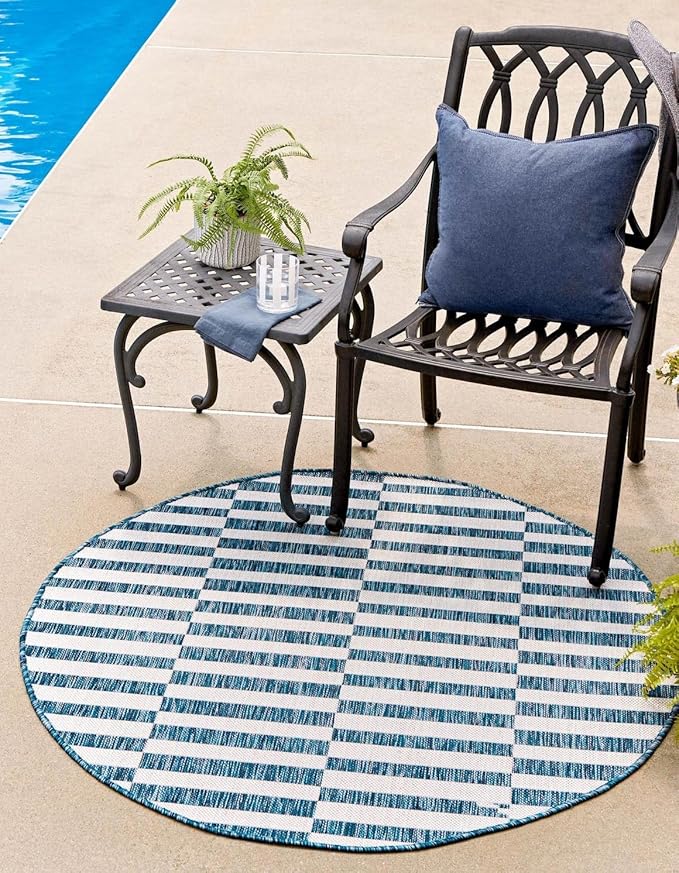 Unique Loom Outdoor Striped Collection Area Rug - Striped (6' 1" Round Blue/Ivory)