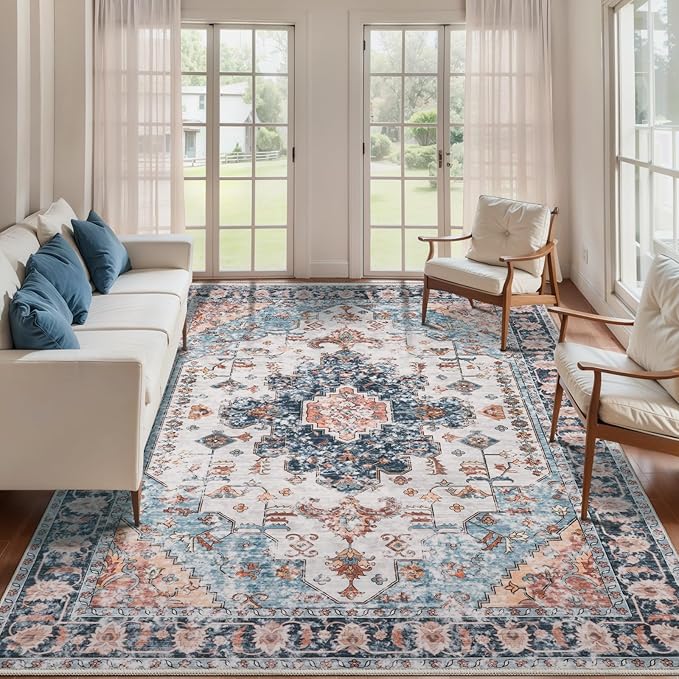 Tangsoo 4x6 Area Rug for Living Room, Washable Vintage Indoor, Distressed Blue/Beige Carpet for Bedroom, Non Slip Dining Room, Soft Low Pile Rugs Foldable for Dorm Bedside Bathroom