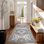PURRUGS Vintage Farmhouse Boho Runner Rug 2'6" x 6', Non-Slip Machine Washable Rug, Accent Area Rug for Kitchen, Hallway, Entryway, Bedroom, Living Room and Dining Room, Periwinkle Gray/Soft Ivory