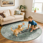 Area Rugs 7ft Washable Non-Slip, Floral Vintage Distress Print Pattern Medallion Carpet for Living Room Bedroom Dining Room, Dark Green Gray