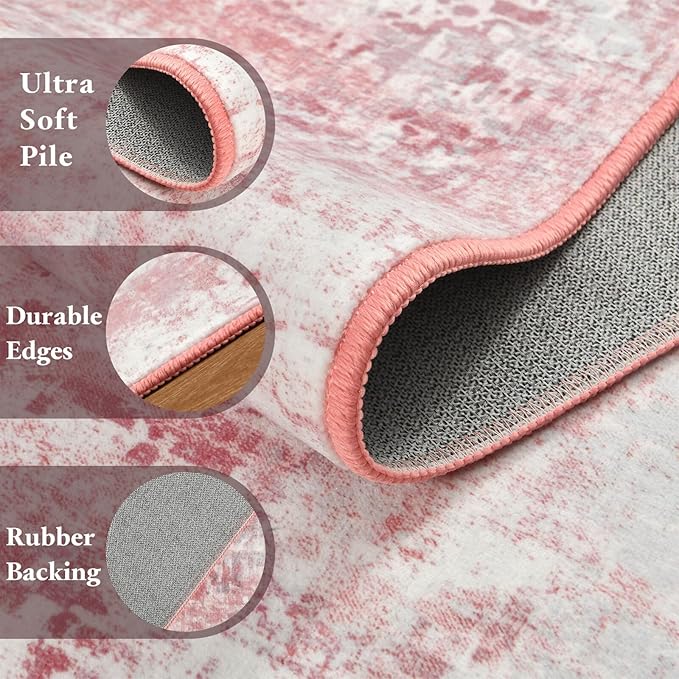 Washable Abstract Rug, 3x5 Modern Area Rugs with Non-Slip Rubber Backed for Bedroom, Thin but Soft Contemporary Carpet Kitchen Living Room Decor, Pink