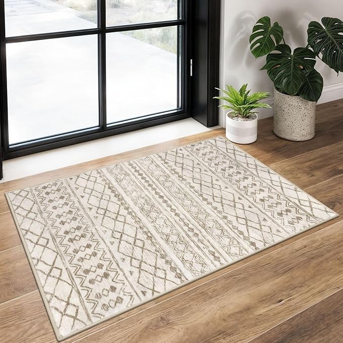 KUTA Washable Non-Slip Rugs for Entryway 2x3, Beige Moroccan Boho Small Area Rug, Ultra Soft Vintage Geometric Low-Pile Indoor Door Mat Floor Carpet for Indoor, Entrance, Kitchen, Bathroom, Bedroom
