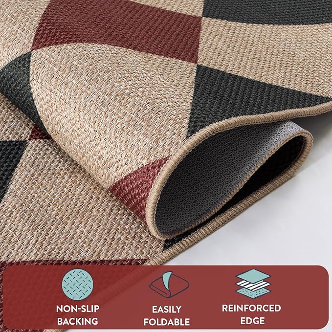 Lahome Checkered 5x7 Rug, Indoor Outdoor Rug Non Shedding Black and Red Washable Carpet, Checkerboard Non Slip Stain Resistant Indoor Carpet for Patio Office Living Dining Room