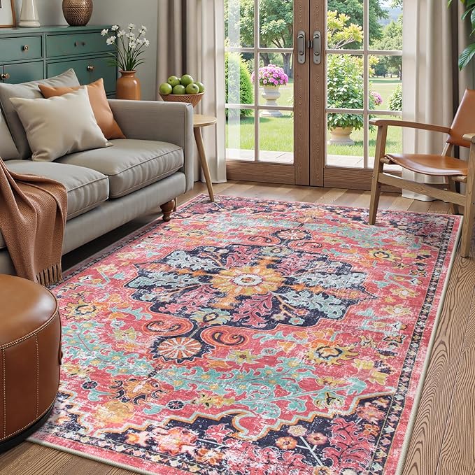Lahome Bohemian Floral Medallion Area Rug - 4x6 Hot Pink Entryway Rug Soft Laundry Room Mat, Non-Slip Machine Washable Nursery Accent Carpet for Dorm Department Kitchen Office, Fuchsia/Multi