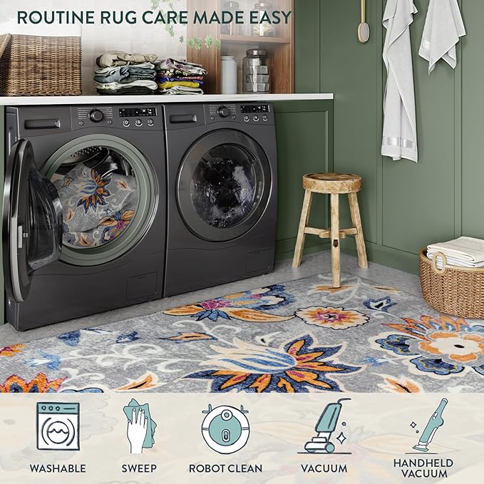 Lahome Floral Washable Carpet for Living Room - 3x5 Non-Slip Lightweight Kitchen Rugs, Throw Soft Small Area Rug for Bedroom Grey Paisley Print Aesthetic Rug for Entryway Bathroom Laundry Room Office
