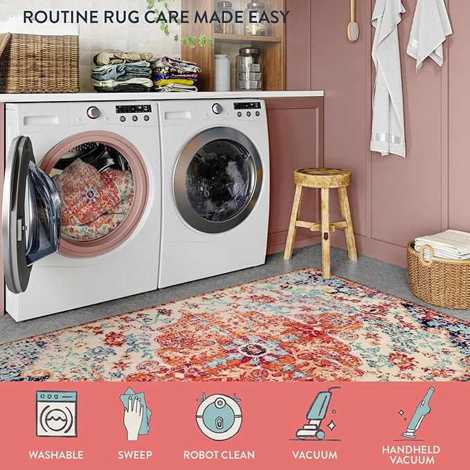 Lahome Bohemian Floral Medallion Runner Rug - 2x4 Washable Laundry Room Hallyway Runner Rug Doormat,Oriental Distressed Faux Wool Non-Slip Bath Mat Low-Pile Carpet for Kitchen Bathroom Entryway,Orange