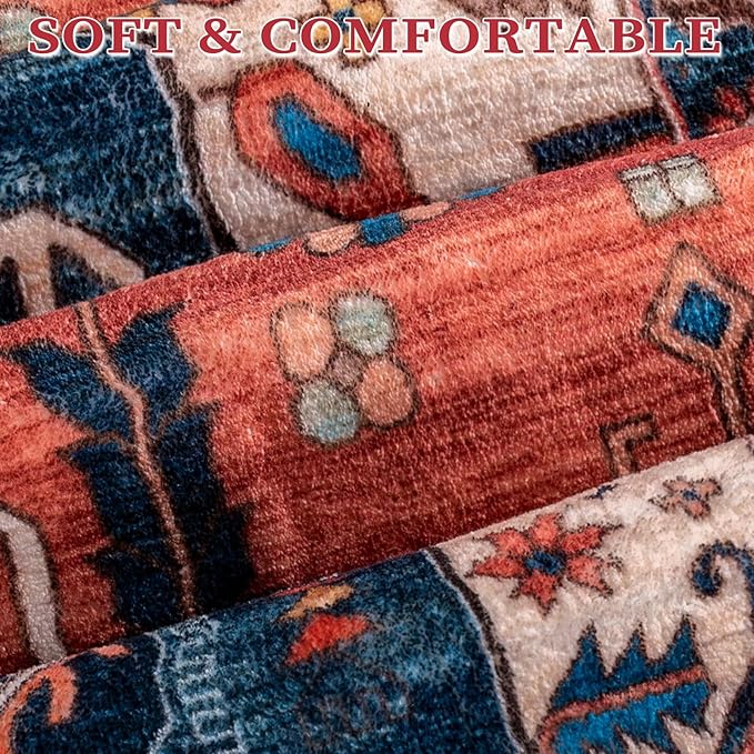 SERISSA 5x8 Area Rugs for Living Room, Large Washable Non-Slip Boho Rug, Ultra Soft Vintage Rust Oriental Tribal Print Distressed Carpet for Bedroom Dining Room Dorm Office Home Decor