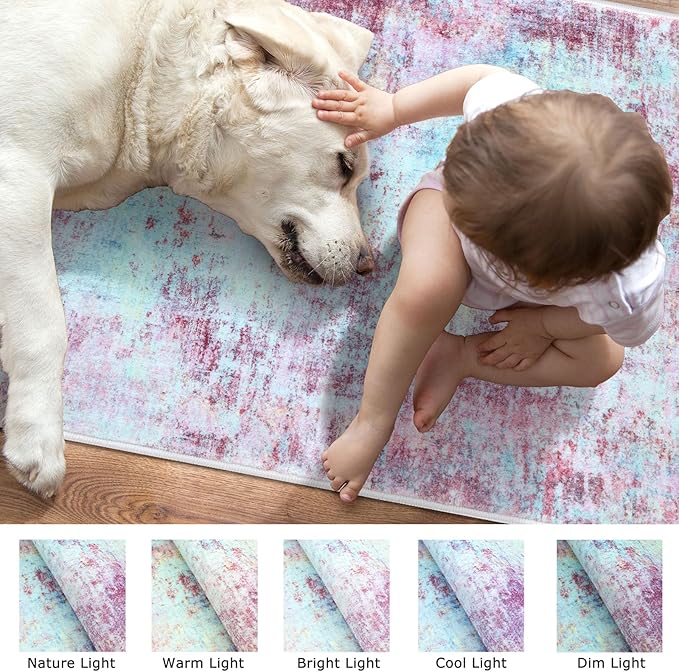 Modern Abstract 3x5 Girls Room Rug, Machine Washable Blush Pink Sky Blue Entryway Rug, Thin Kitchen Mat Non-Slip, Print Faux Wool Soft Floor Carpet for Girl Women's Bedroom Bedside