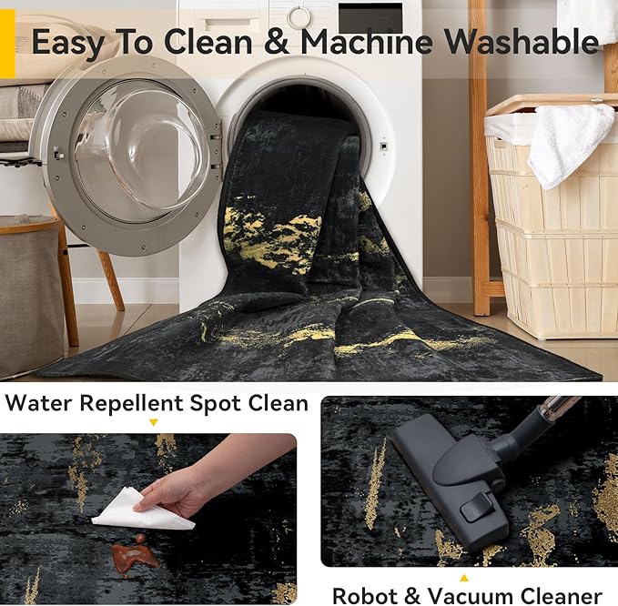 Washable Area Rugs 5'x7' Non-Slip Modern Abstract Soft for Living Room Entryway Bedroom Nursery, Print Pattern, Dark Black Gold