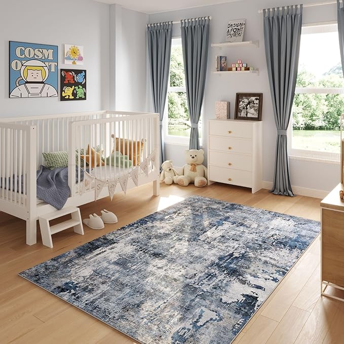 Rugcomf 4x6 Rug Washable Boho Soft Area Rug Abstract Pattern Non-Slip Faux Wool Vintage Rug for Living Room, Bedroom Rug, Farmhouse, Dining Room, Indoor, Kids Playroom, Blue