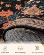Area Rugs 4ft Washable Non-Slip, Floral Vintage Distress Print Pattern Medallion Carpet for Living Room Bedroom Dining Room, Black Colorful Floral Dark Tan