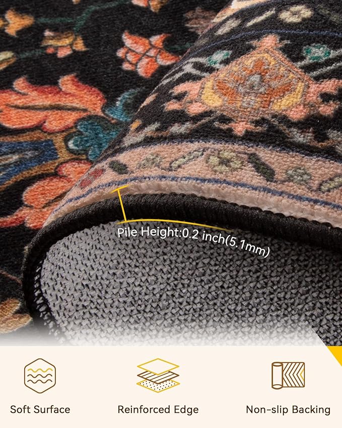 Area Rugs 2'6''x12' Washable Non-Slip, Floral Vintage Distress Print Pattern Medallion Carpet for Living Room Bedroom Dining Room, Black Colorful Floral Dark Tan
