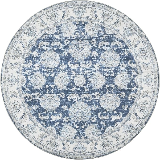 jinchan Fiora Round Rug 4ft Area Rug - Indoor Vintage Hallway Circle 4' Washable - Ultra-Thin Low Pile Soft Small Non Slip Distressed Floral Print for Living Room Bedroom Entryway Dark Blue