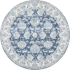 jinchan Fiora Round Rug 4ft Area Rug - Indoor Vintage Hallway Circle 4' Washable - Ultra-Thin Low Pile Soft Small Non Slip Distressed Floral Print for Living Room Bedroom Entryway Dark Blue