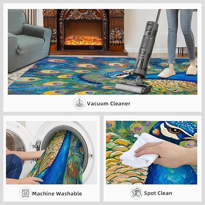 Peacock Rug Large - 5x8 Rug, Turquoise Teal Peafowl Washable Rugs for Living Room, Peafowl Decor Carpet, Modern Style Non-Slip Area Rugs for Bedroom, Aesthetics Carpet - Peafowl Home Decor & Gifts