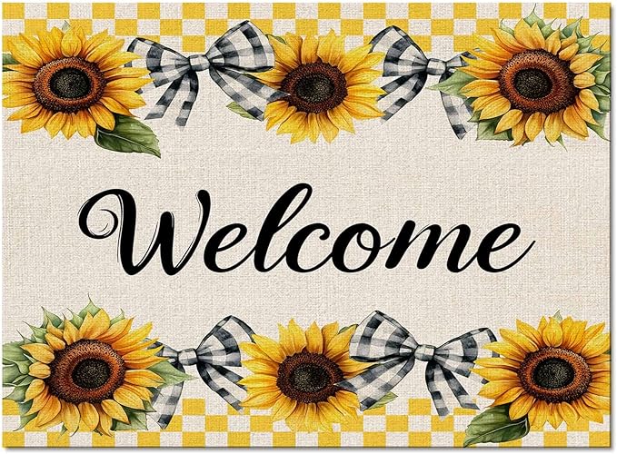 Summer Sunflowers Rectangular Welcome Area Rugs for Living Room Bedroom 3 x 5 ft Bow Tie Plaids Non-Shedding Soft Low Pile Rug Rustic Linen Non Slip Washable Rug for Nursery Entryway Playroom