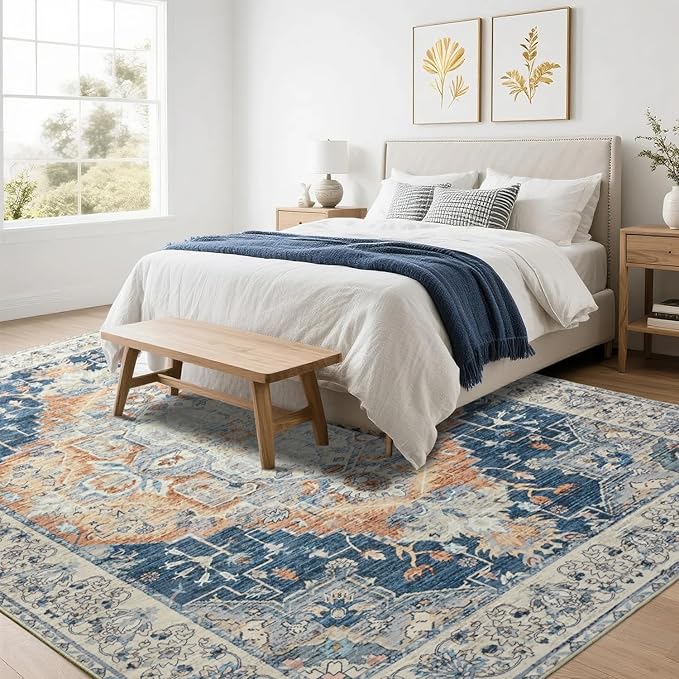 Area Rugs 5x7, Low Pile Washable Rugs, Soft Vintage Distressed Rugs for Bedroom, Living Room, Dining Room, Water Repellent, Non Shedding, Blue and Orange
