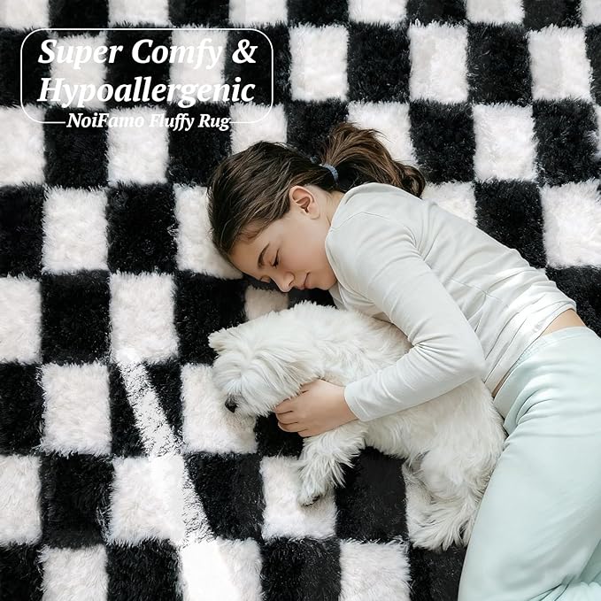 6x9 Area Rugs for Living Room Bedroom, Soft Fluffy Shaggy Bedside Rug, Indoor Floor Carpet for Kids Playroom, Dorms, Nursery Rooms, Home Decor (Black & White 6'x9')