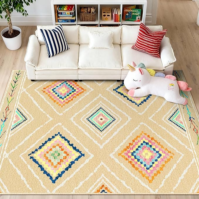 Area Rug 5x7 Rug Machine Washable Non-Slip Low Pile Print Pattern Western Rug for Living Room Bedroom Entryway Tribal Series -Cream/Beige
