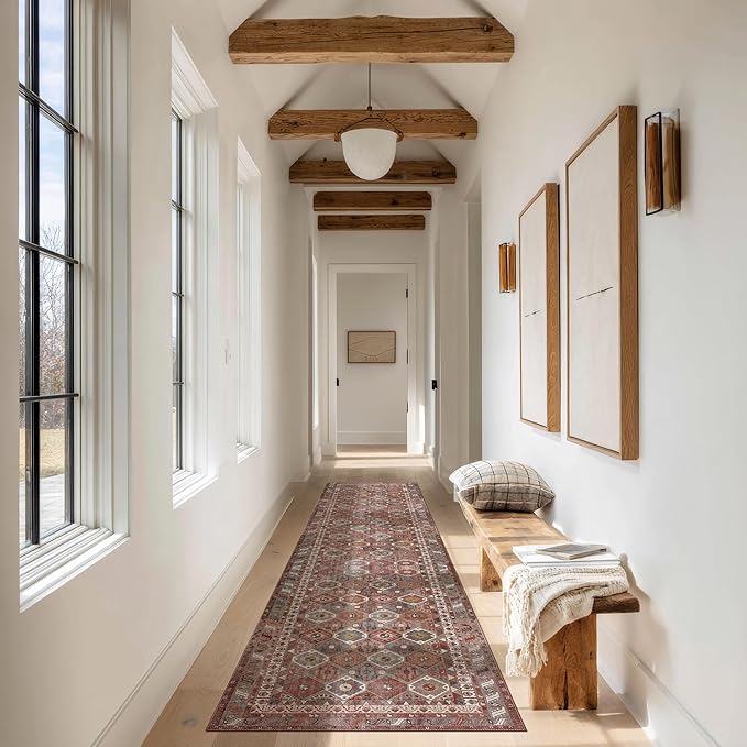 Kuden 2'6"x12 Runner Rug, Machine Washable Area Rug with Non-Slip Backing, Vintage Style, Soft, Easy Clean, Low Pile Rug for Hallway, Entryway, Kitchen, Bedroom