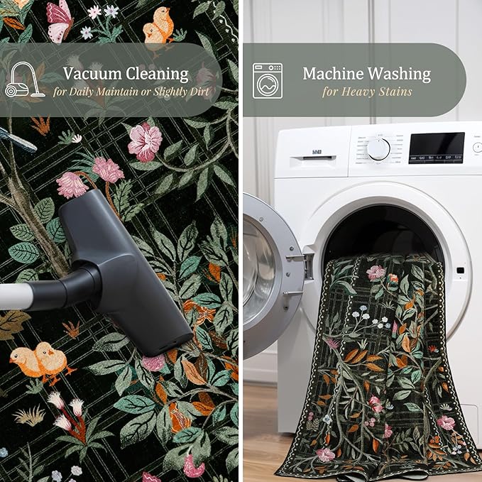 Morebes Floral Washable Runners for Hallways 2x8 Non Slip, Boho Flower Entryway Runner Rug, Botanical Birds Indoor Ultra-Thin Soft Floor Carpet Runners for Kitchen Laundry Bath Room Entrance, Black