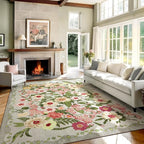 Floral Rugs for Living Room - 9x12 Soft Washable Area Rug Stain Resistant Ultra-Thin Non-Slip Low Pile Farmhouse Vintage Large Carpet for Bedroom Dining Room Nursery Home Office Decor, Grey